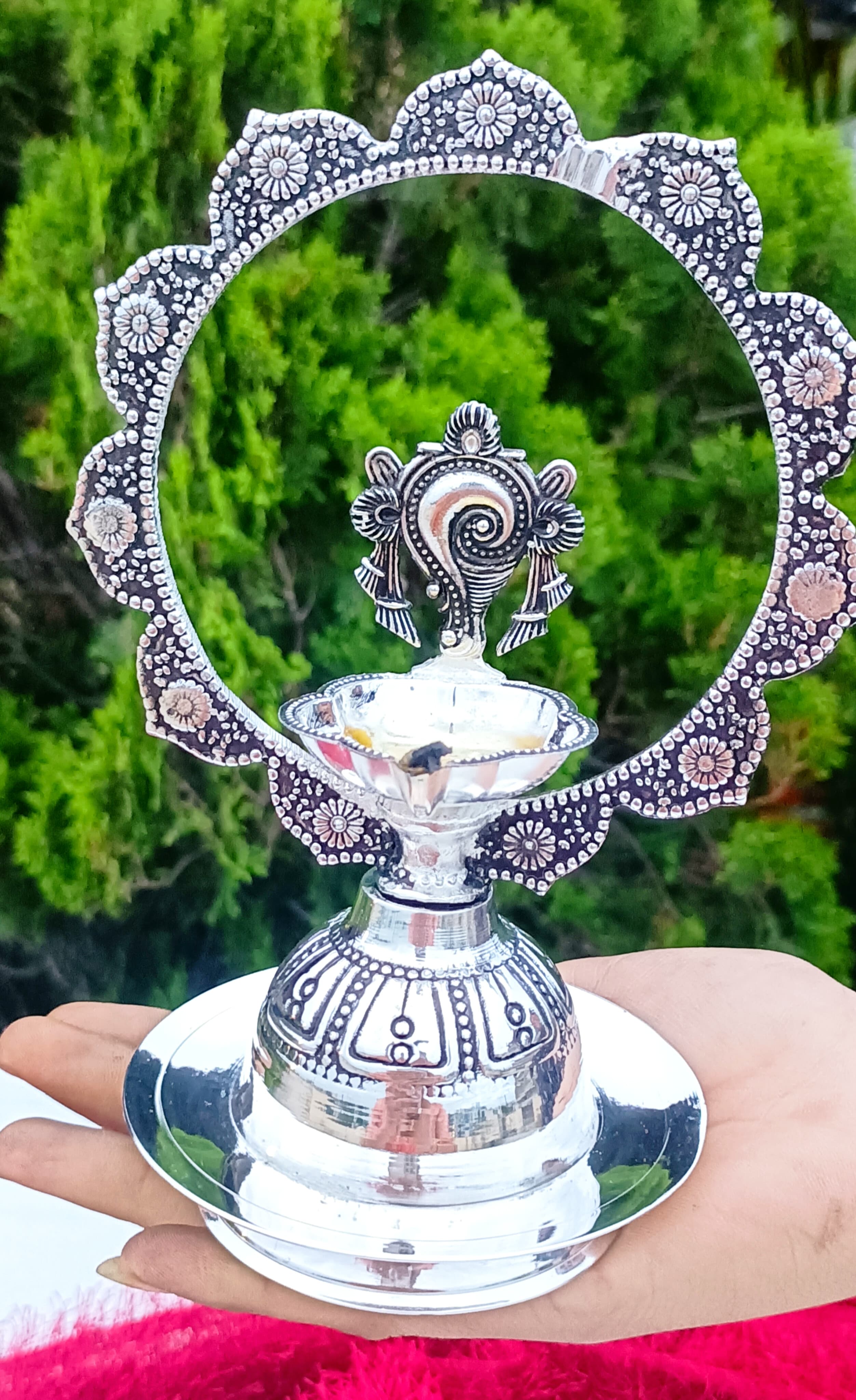 Antique German Silver shanku Chakra Diya Pair for Diwali/ Gift Item